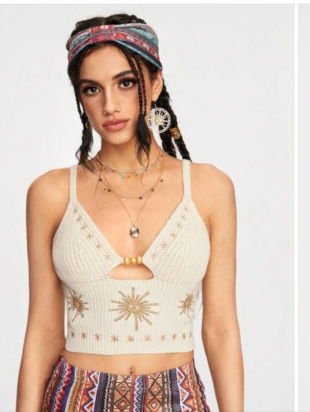Romwe Knitted Crop Top Hippie Celestial Embroidered Sz Med